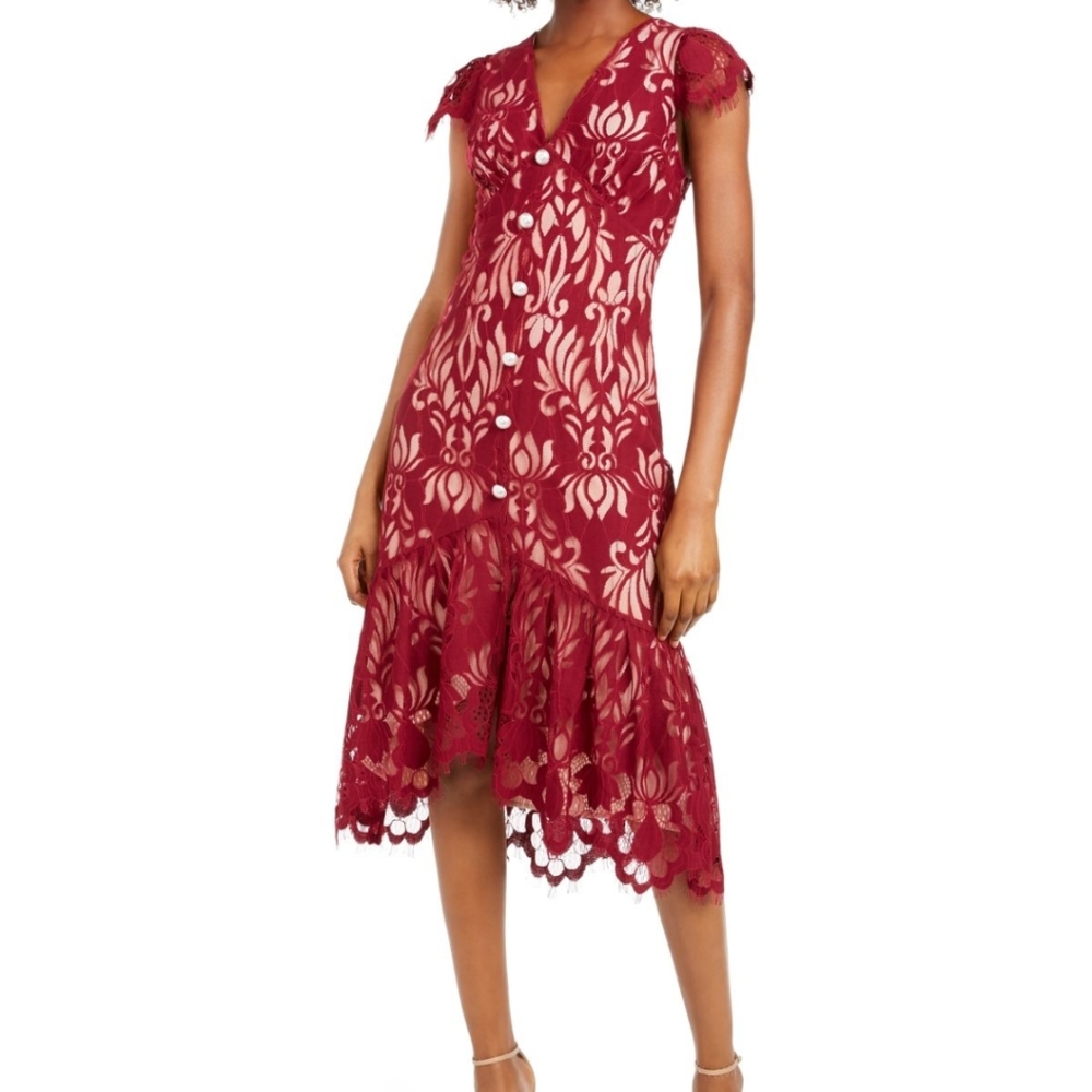 Foxiedox berry wine lace midi dress cap sleeve s